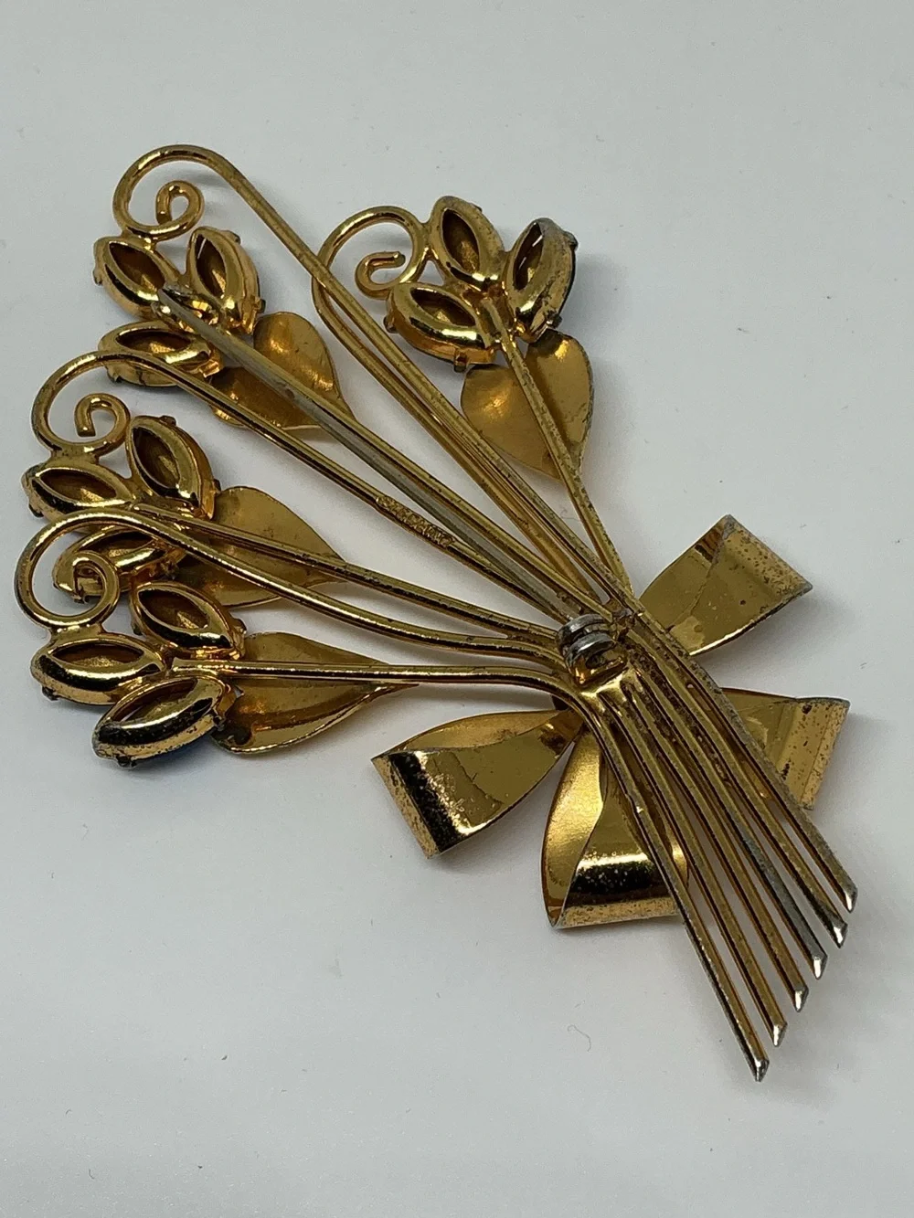 “Vintage Sterling Silver Vermeil Flower Bouquet Bow Brooch Blue Rhinestones